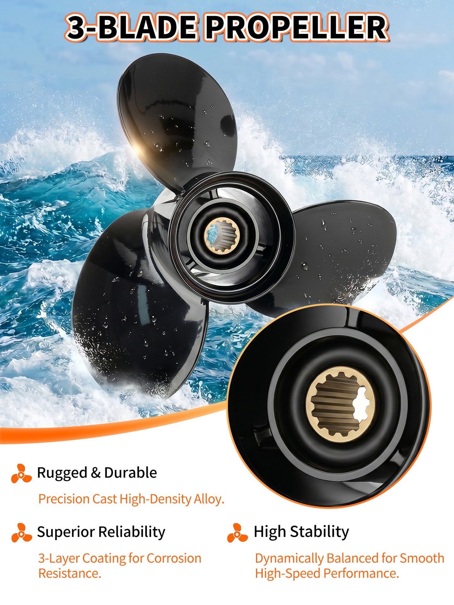 10 5/8 x 12 Aluminum Boat Propeller, for Mercury Outboard 25-75 HP Motors, 13 Tooth Spline, 3-Blade, RH