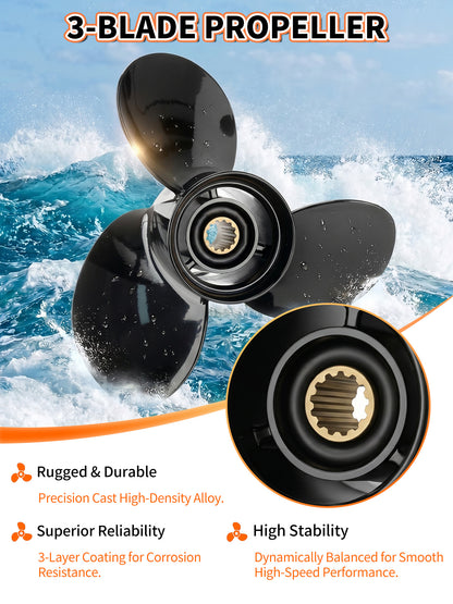 10 5/8 x 12 Aluminum Boat Propeller, for Mercury Outboard 25-75 HP Motors, 13 Tooth Spline, 3-Blade, RH