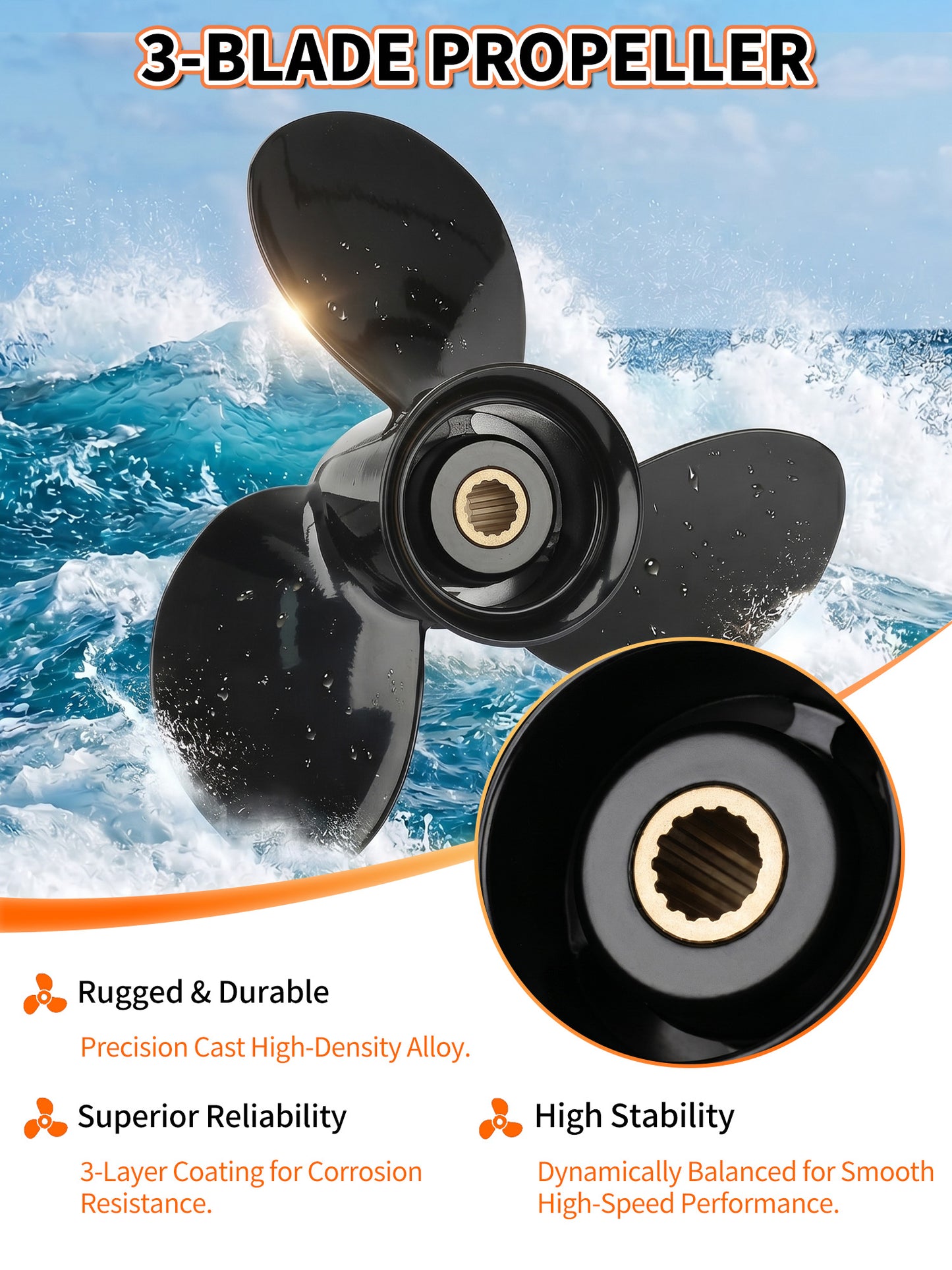 Aluminum Boat Propeller, 9.25 x 9/10/11, for Mercury Outboard 9.9/15/20 HP Motors, 14 Tooth Spline, 3-Blade, RH