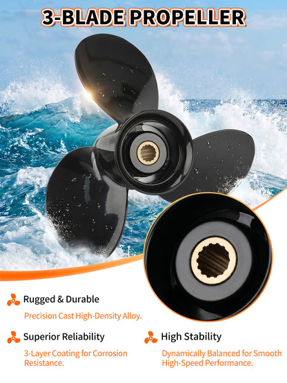Aluminum Boat Propeller, 9.25 x 9/10/11, for Mercury Outboard 9.9/15/20 HP Motors, 14 Tooth Spline, 3-Blade, RH