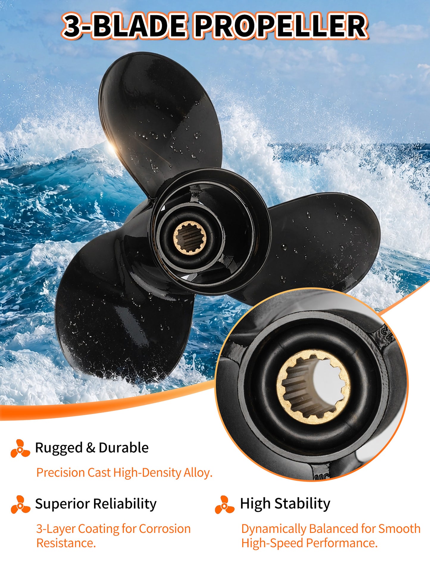 10 1/2 x 13 Aluminum Boat Propeller, for Mercury Outboard 25-75 HP Motors, 13 Tooth Spline, 3-Blade, RH