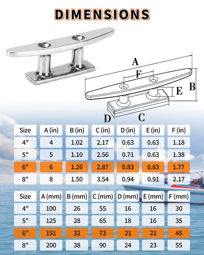 6" Boat Cleat, 316 Stainless Steel Dock Cleat with Screws, Marine Grade Rope Cleat for Deck Mooring or Nautical Decor, 2-Pack