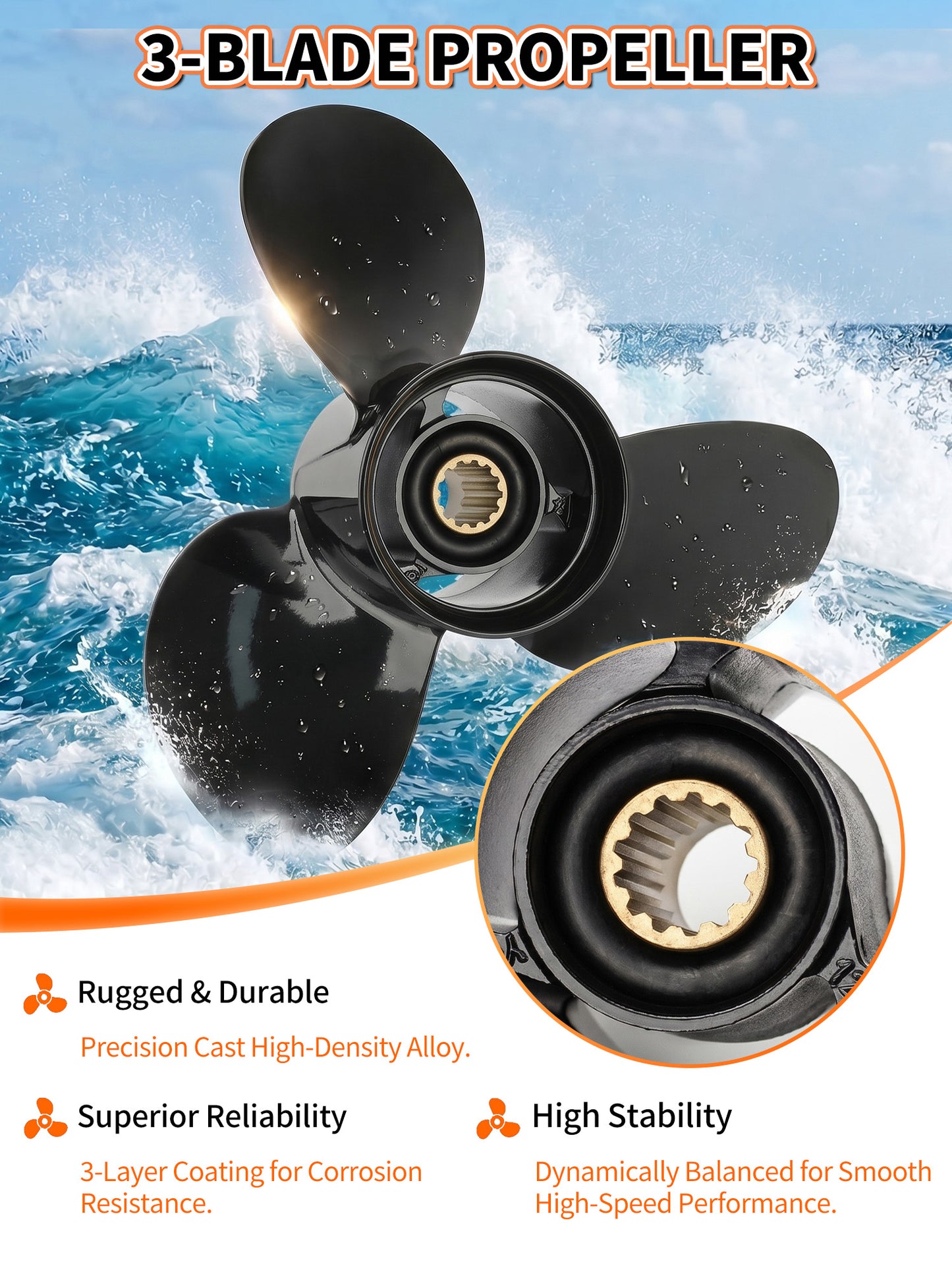 11 3/8 x 12 Aluminum Boat Propeller, for Mercury Outboard 25-75 HP Motors, 13 Tooth Spline, 3-Blade, RH