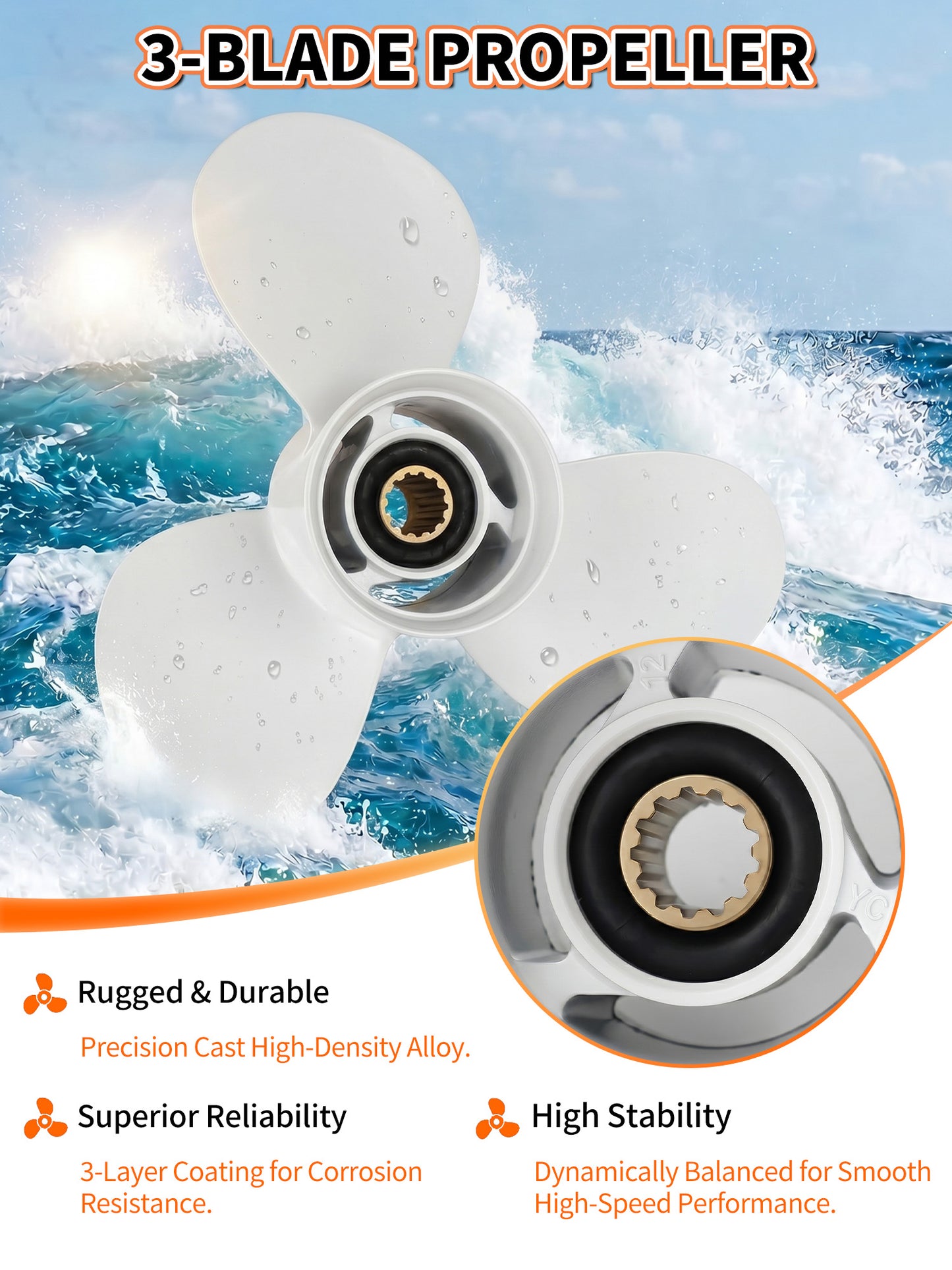 Stainless Steel Boat Propeller, 11 3/8 x 12, for Yamaha Outboard 40/48/50/55/60 HP Motors, 13 Tooth Spline, 3-Blade, RH