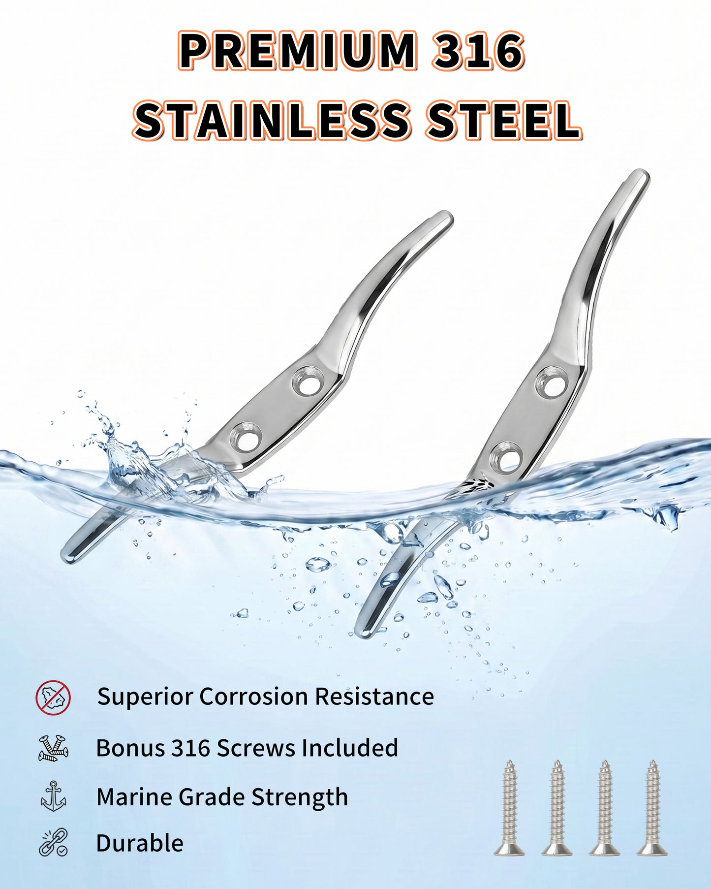 6" Boat Cleat, 316 Stainless Steel Marine Grade Dock Cleat with Mounting Screws, Heavy Duty Rope Cleat for Kayak, Yacht, Flagpole and Nautical Decor, 2-Pack