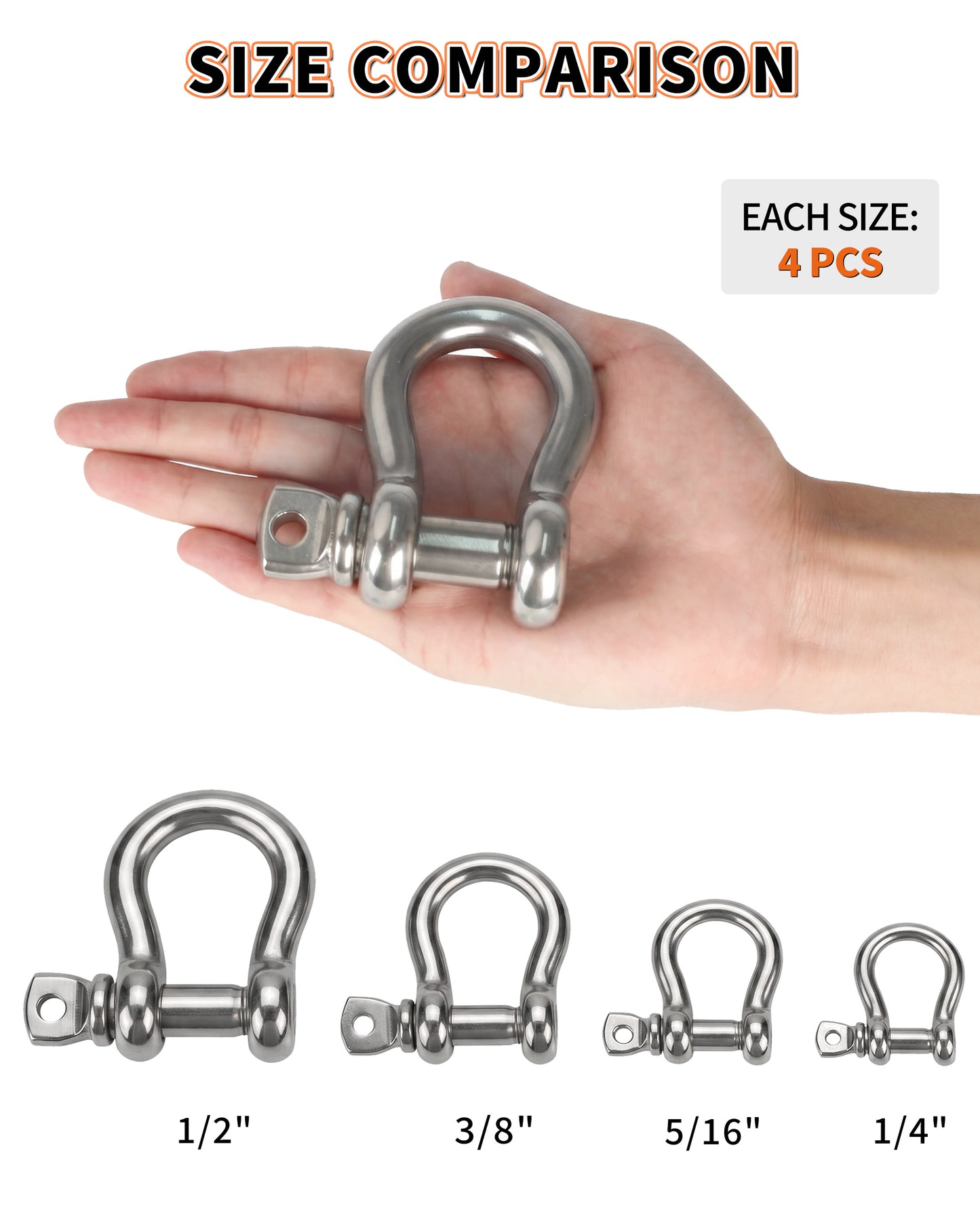 1/2" Bow Shackle, Marine Grade 316 Stainless Steel D-Ring Shackle, Heavy Duty Screw Pin Anchor Shackle for Boat, Sailboat, Chain, Strap and Rigging, 4-Pack