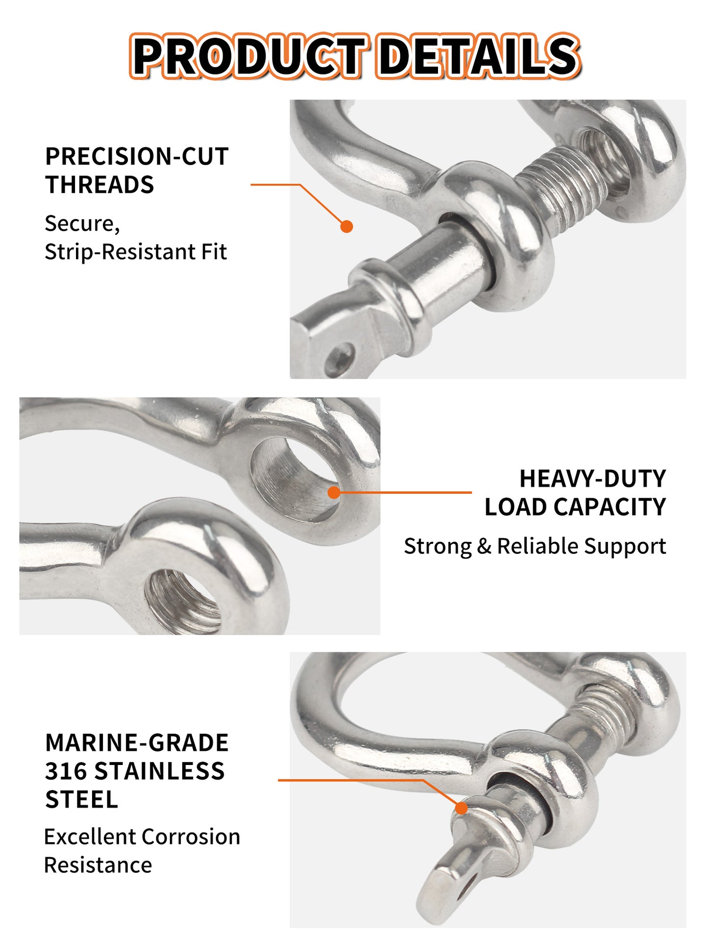 5/16" Bow Shackle, Marine Grade 316 Stainless Steel D-Ring Shackle, Heavy Duty Screw Pin Anchor Shackle for Boat, Sailboat, Chain, Strap and Rigging, 4-Pack