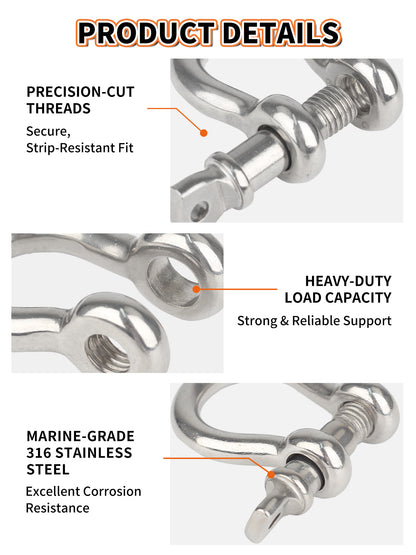 3/8" Bow Shackle, Marine Grade 316 Stainless Steel D-Ring Shackle, Heavy Duty Screw Pin Anchor Shackle for Boat, Sailboat, Chain, Strap and Rigging, 4-Pack