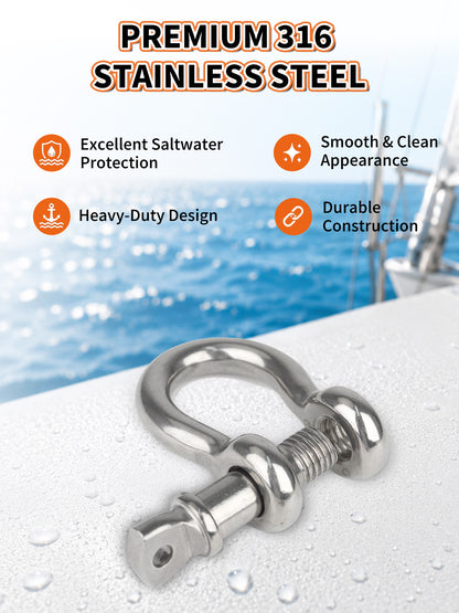 1/2" Bow Shackle, Marine Grade 316 Stainless Steel D-Ring Shackle, Heavy Duty Screw Pin Anchor Shackle for Boat, Sailboat, Chain, Strap and Rigging, 4-Pack