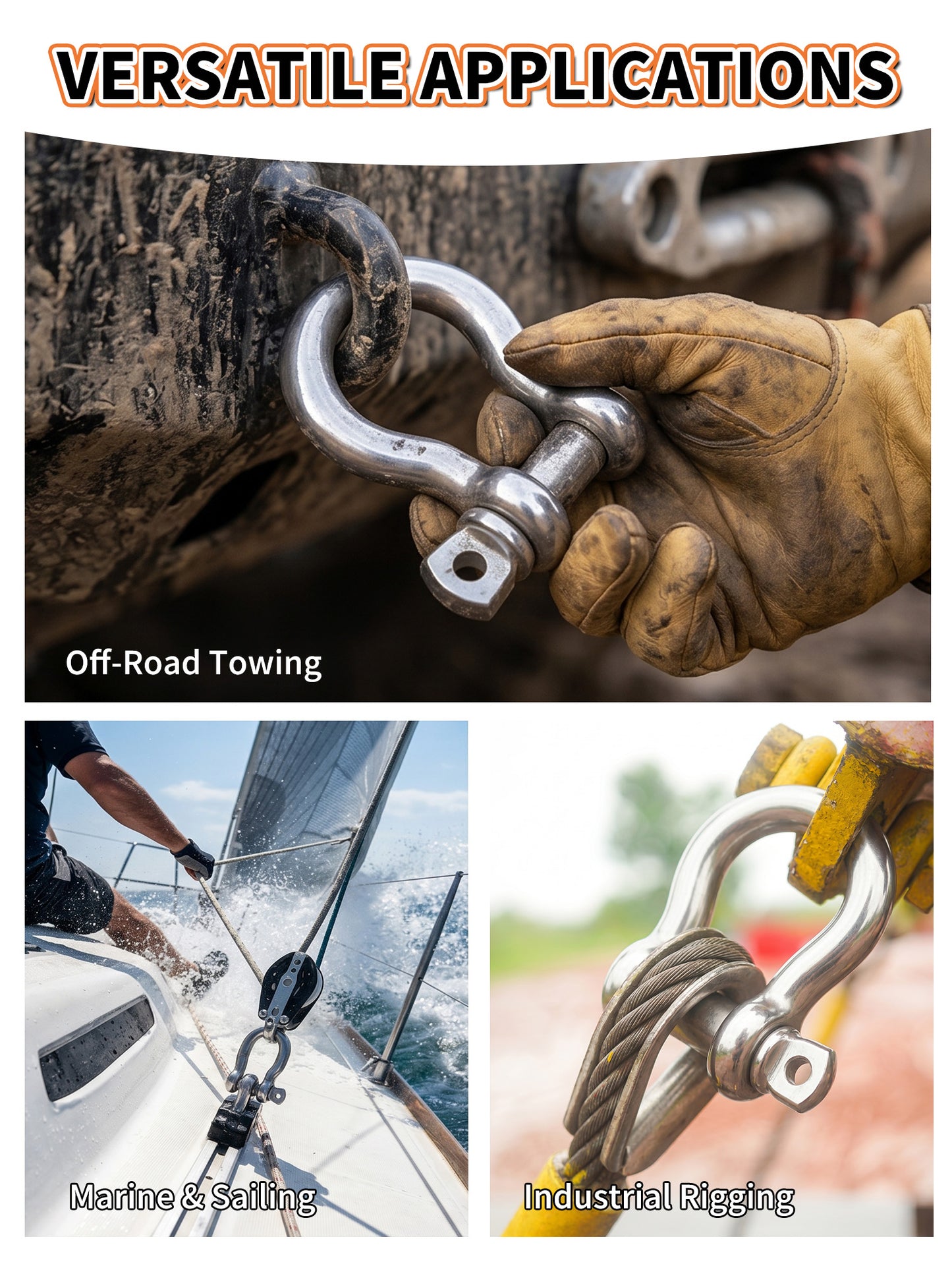 1/2" Bow Shackle, Marine Grade 316 Stainless Steel D-Ring Shackle, Heavy Duty Screw Pin Anchor Shackle for Boat, Sailboat, Chain, Strap and Rigging, 4-Pack