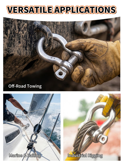 1/2" Bow Shackle, Marine Grade 316 Stainless Steel D-Ring Shackle, Heavy Duty Screw Pin Anchor Shackle for Boat, Sailboat, Chain, Strap and Rigging, 4-Pack
