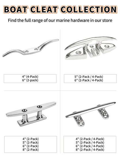 4" Boat Cleat, 316 Stainless Steel Dock Cleat with Screws, Marine Grade Rope Cleat for Deck Mooring or Nautical Decor, 2-Pack