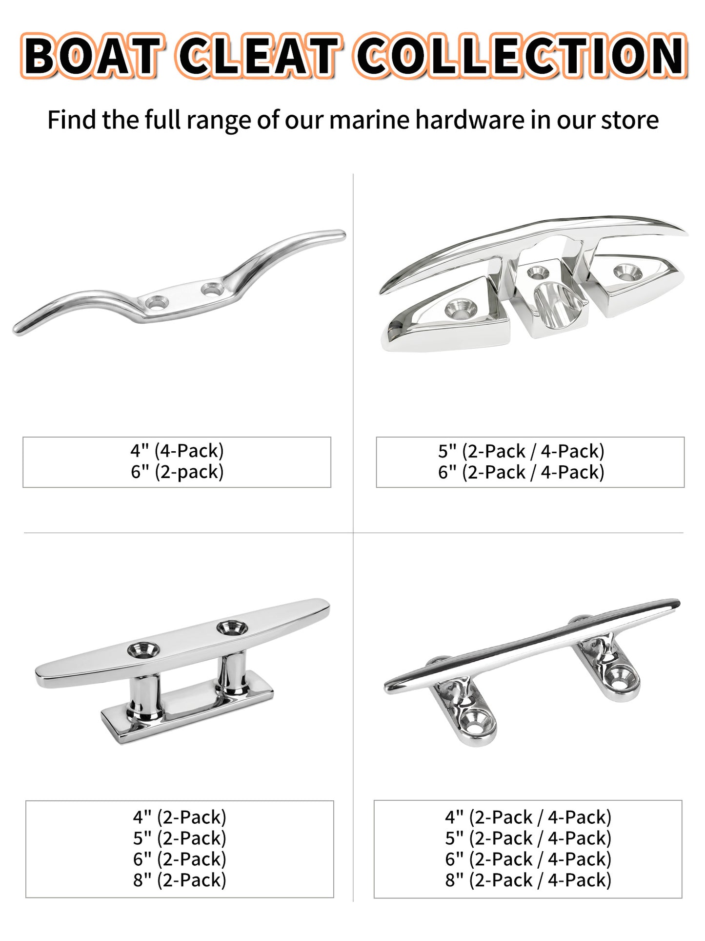 6" Flip Up Boat Cleat, 316 Stainless Steel Folding Dock Cleat with Fasteners, Marine Grade Rope Cleats for Kayak, Yacht & Pontoon, 2-Pack/4-Pack