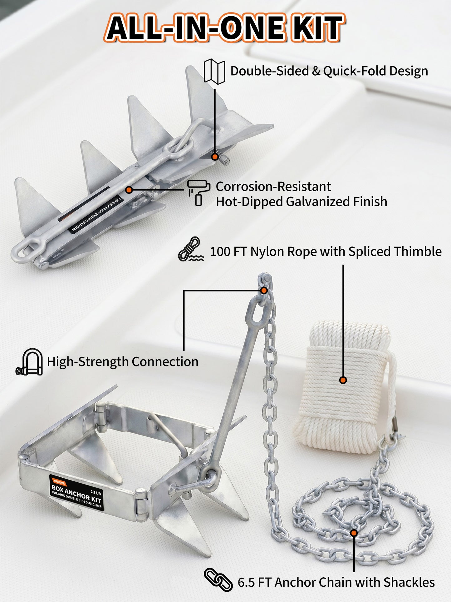 13/19/25 LB Folding Box Anchor Kit with 100 FT Nylon Rope & Chain, for Pontoon, Fishing, Bass Boat, Sport Boat & Cabin Cruiser Up to 24/32/40 FT