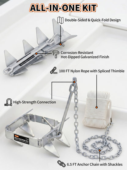 13/19/25 LB Folding Box Anchor Kit with 100 FT Nylon Rope & Chain, for Pontoon, Fishing, Bass Boat, Sport Boat & Cabin Cruiser Up to 24/32/40 FT