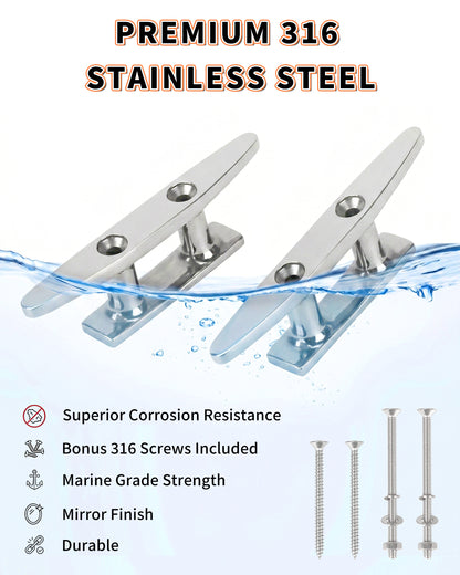 5" Boat Cleat, 316 Stainless Steel Dock Cleat with Screws, Marine Grade Rope Cleat for Deck Mooring or Nautical Decor, 2-Pack