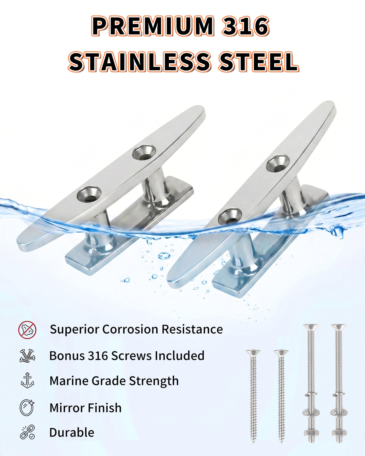 4" Boat Cleat, 316 Stainless Steel Dock Cleat with Screws, Marine Grade Rope Cleat for Deck Mooring or Nautical Decor, 2-Pack