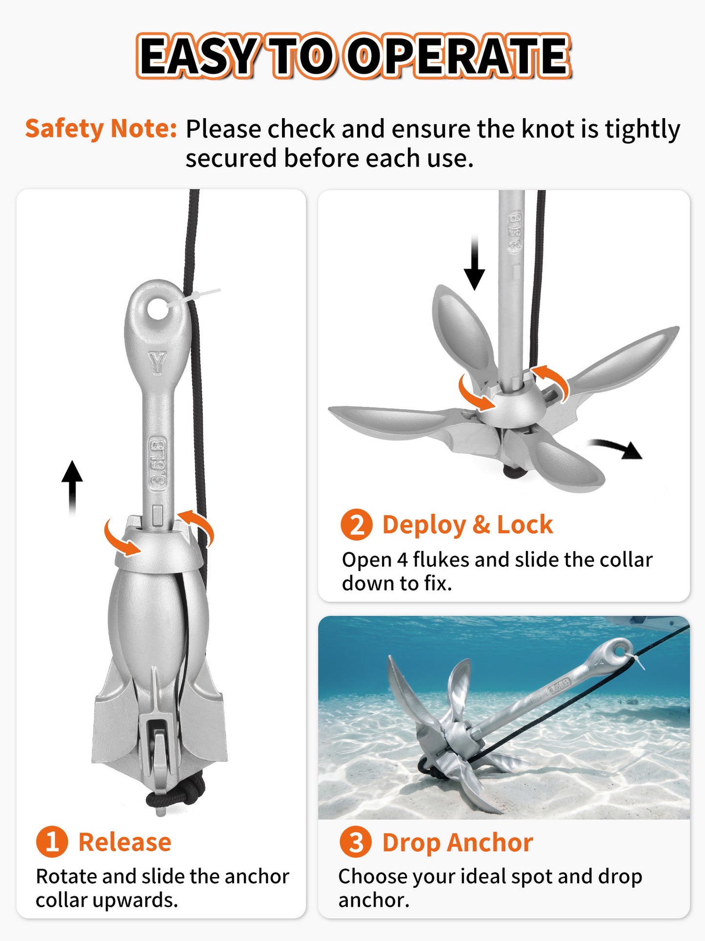 3.5 LB Folding Grapnel Anchor Kit with 40 FT Rope & Buoy, for Boat, Kayak, Canoe, Small Watercraft, SUP, PWC, Jet Ski, Inflatable Paddle Board