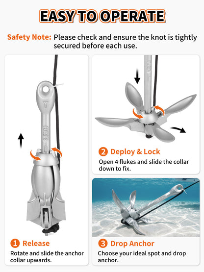 3.5 LB Folding Grapnel Anchor Kit with 40 FT Rope & Buoy, for Boat, Kayak, Canoe, Small Watercraft, SUP, PWC, Jet Ski, Inflatable Paddle Board