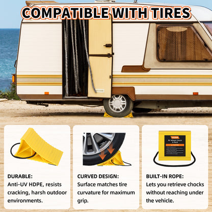 Wheel Chocks with Non-Slip Base, Lightweight Wheel Stoppers for Cars, Camper, RV &Trailer, 2 Pack, Yellow