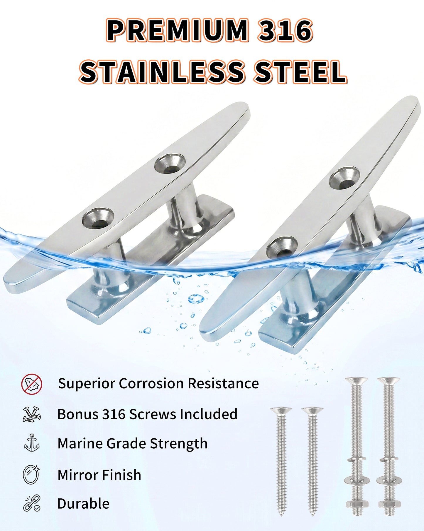 8" Boat Cleat, 316 Stainless Steel Dock Cleat with Screws, Marine Grade Rope Cleat for Deck Mooring or Nautical Decor, 2-Pack