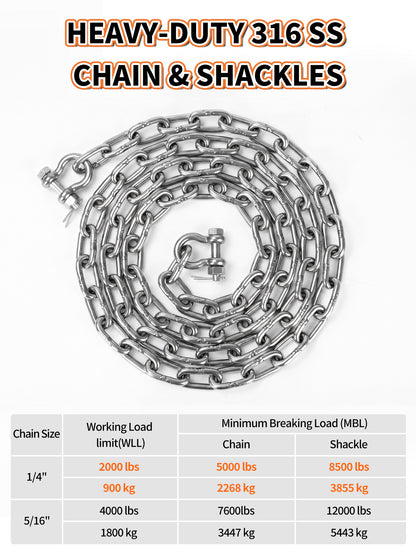 1/4" 316 Stainless Steel Boat Anchor Chain Kit, Heavy-Duty Marine Lead Chain with 2 Anti-Off Shackles for Pontoon & Sailboat
