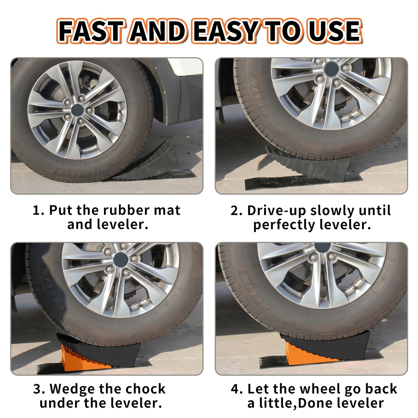 RV Leveling Block, Curved Leveler Kit, Dual Axle Trailer, Orange Lift 1/2" to 4", 2 Curved Ramp, 2 Chock, 2 Rubber Mat, 1 T Bubble Level, 1 Carry Bag, 2PK