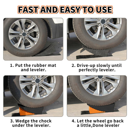 RV Leveling Block, Curved Leveler Kit, Dual Axle Trailer, Orange Lift 1/2" to 4", 2 Curved Ramp, 2 Chock, 2 Rubber Mat, 1 T Bubble Level, 1 Carry Bag, 2PK