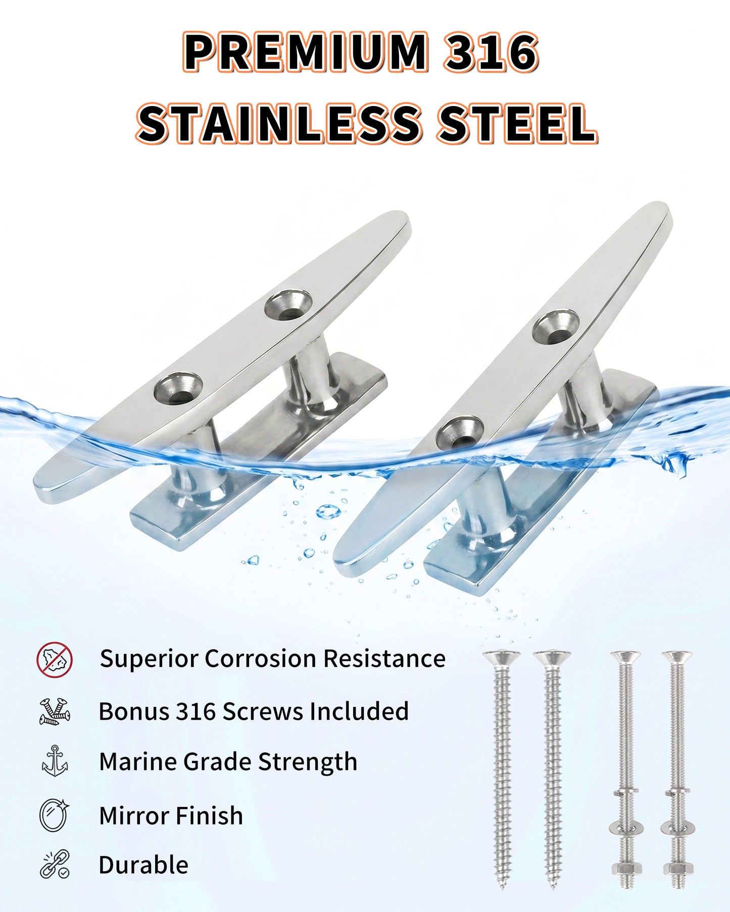 6" Boat Cleat, 316 Stainless Steel Dock Cleat with Screws, Marine Grade Rope Cleat for Deck Mooring or Nautical Decor, 2-Pack