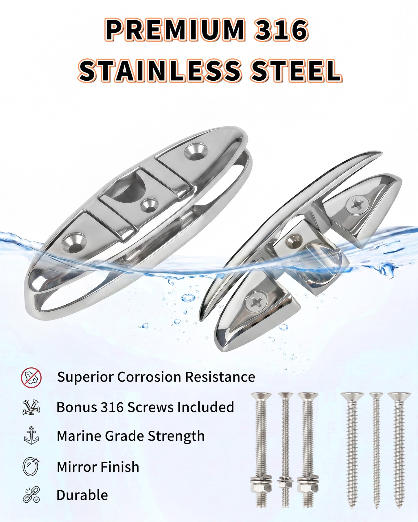 6" Flip Up Boat Cleat, 316 Stainless Steel Folding Dock Cleat with Fasteners, Marine Grade Rope Cleats for Kayak, Yacht & Pontoon, 2-Pack/4-Pack