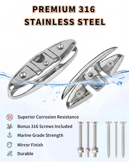5" Flip Up Boat Cleat, 316 Stainless Steel Folding Dock Cleat with Fasteners, Marine Grade Rope Cleats for Kayak, Yacht & Pontoon, 2-Pack/4-Pack