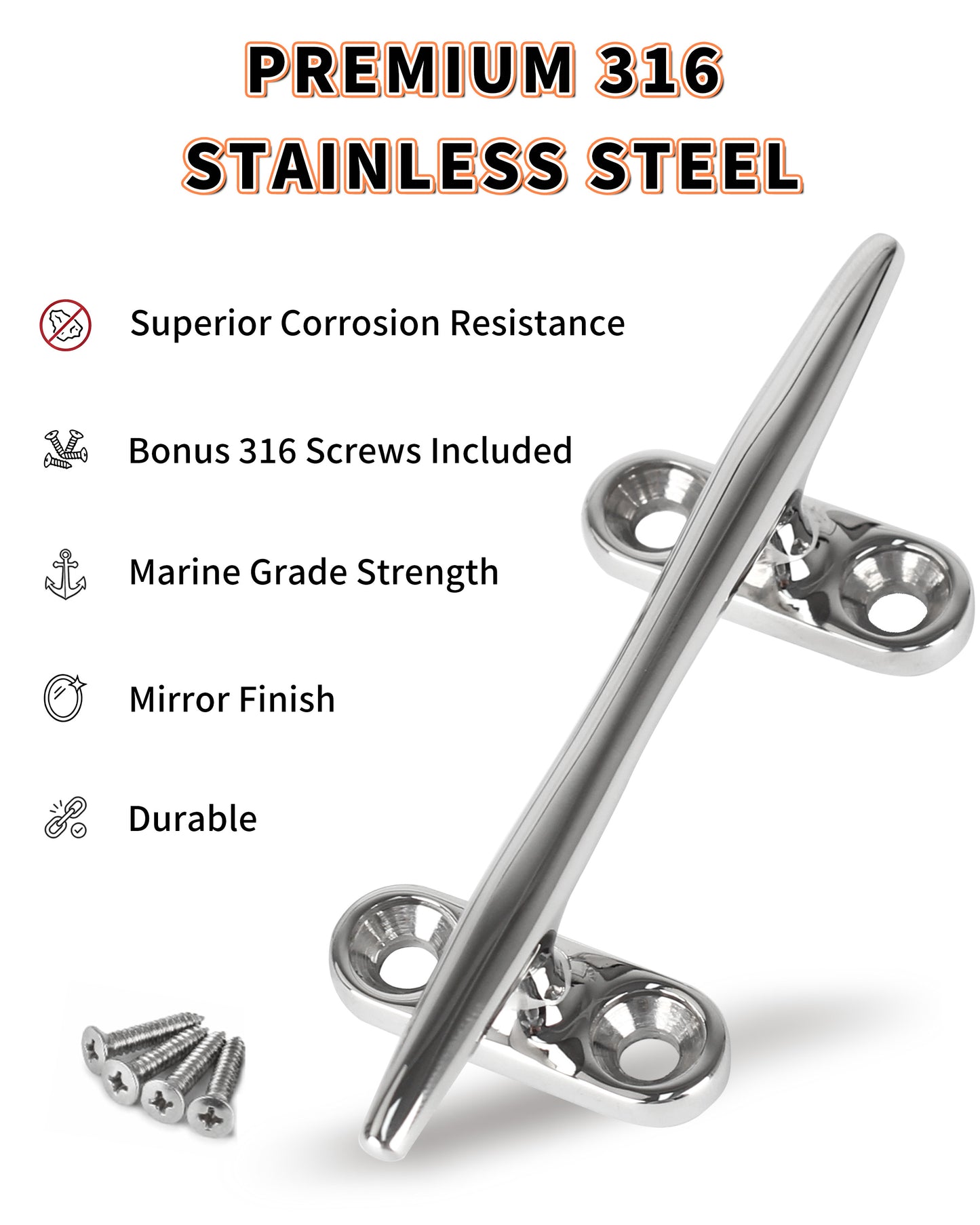 4" Boat Cleat, 316 Stainless Steel Open Base Dock Cleat, Marine Grade Rope Cleat with Fasteners for Deck Mooring and Nautical Decor, 2-Pack/4-Pack