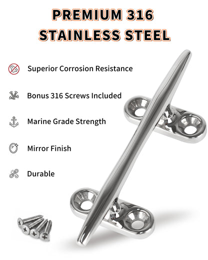 4" Boat Cleat, 316 Stainless Steel Open Base Dock Cleat, Marine Grade Rope Cleat with Fasteners for Deck Mooring and Nautical Decor, 2-Pack/4-Pack