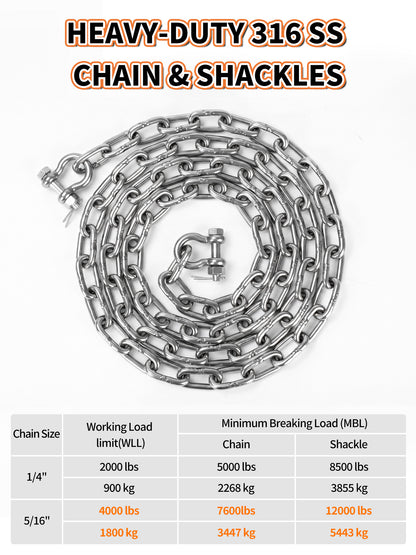 5/16" 316 Stainless Steel Boat Anchor Chain Kit, Heavy-Duty Marine Lead Chain with 2 Anti-Off Shackles for Pontoon & Sailboat