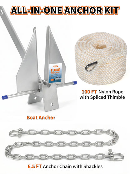 8/10/13 LB Fluke Anchor Kit with 100 FT Nylon Rope, Chain and Shackles, Danforth Anchor for Pontoon, Dinghies, Fishing and Bass Boats 12-32 FT