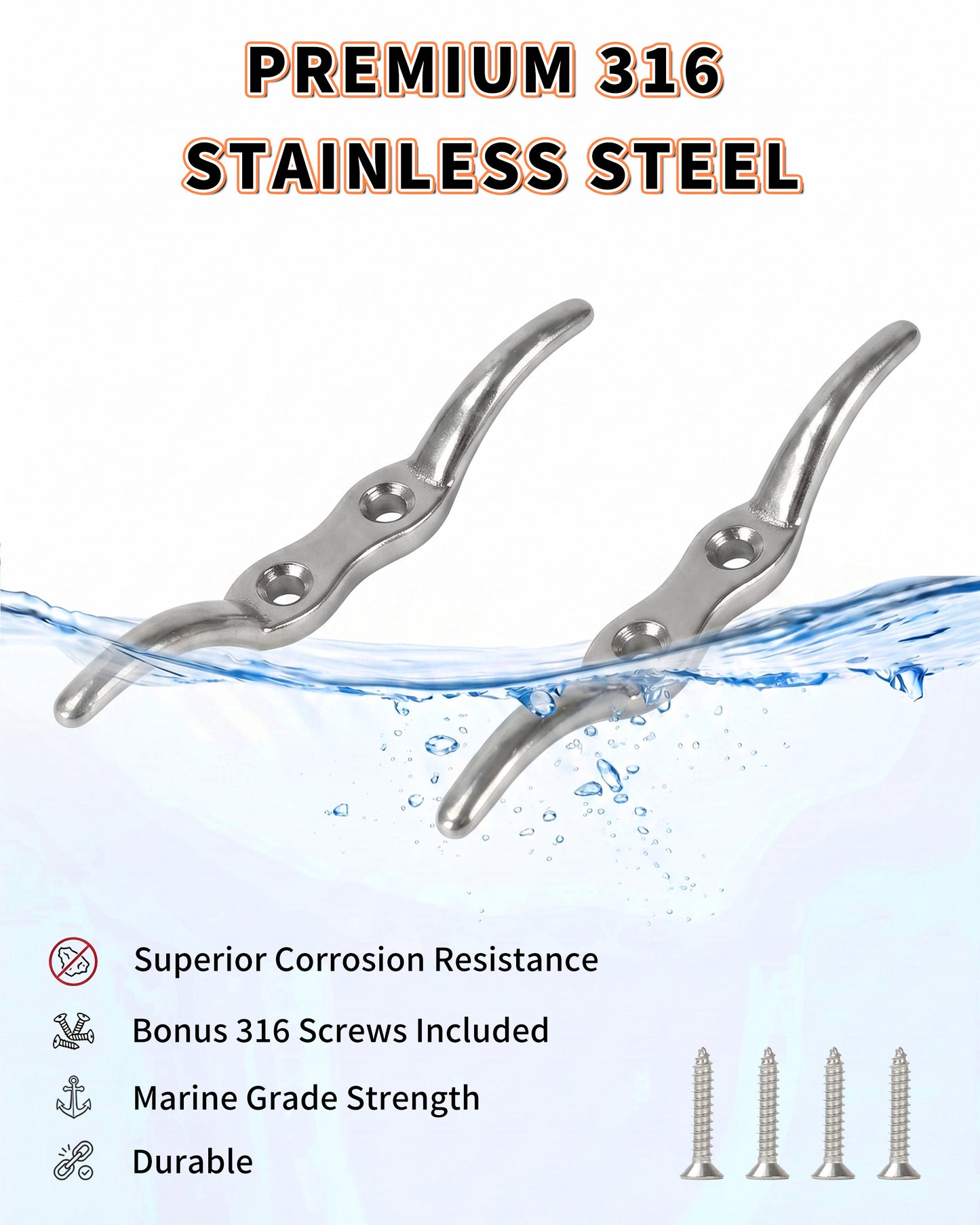4" Boat Cleat, 316 Stainless Steel Marine Grade Dock Cleat with Mounting Screws, Heavy Duty Rope Cleat for Kayak, Yacht, Flagpole and Nautical Decor, 4-Pack