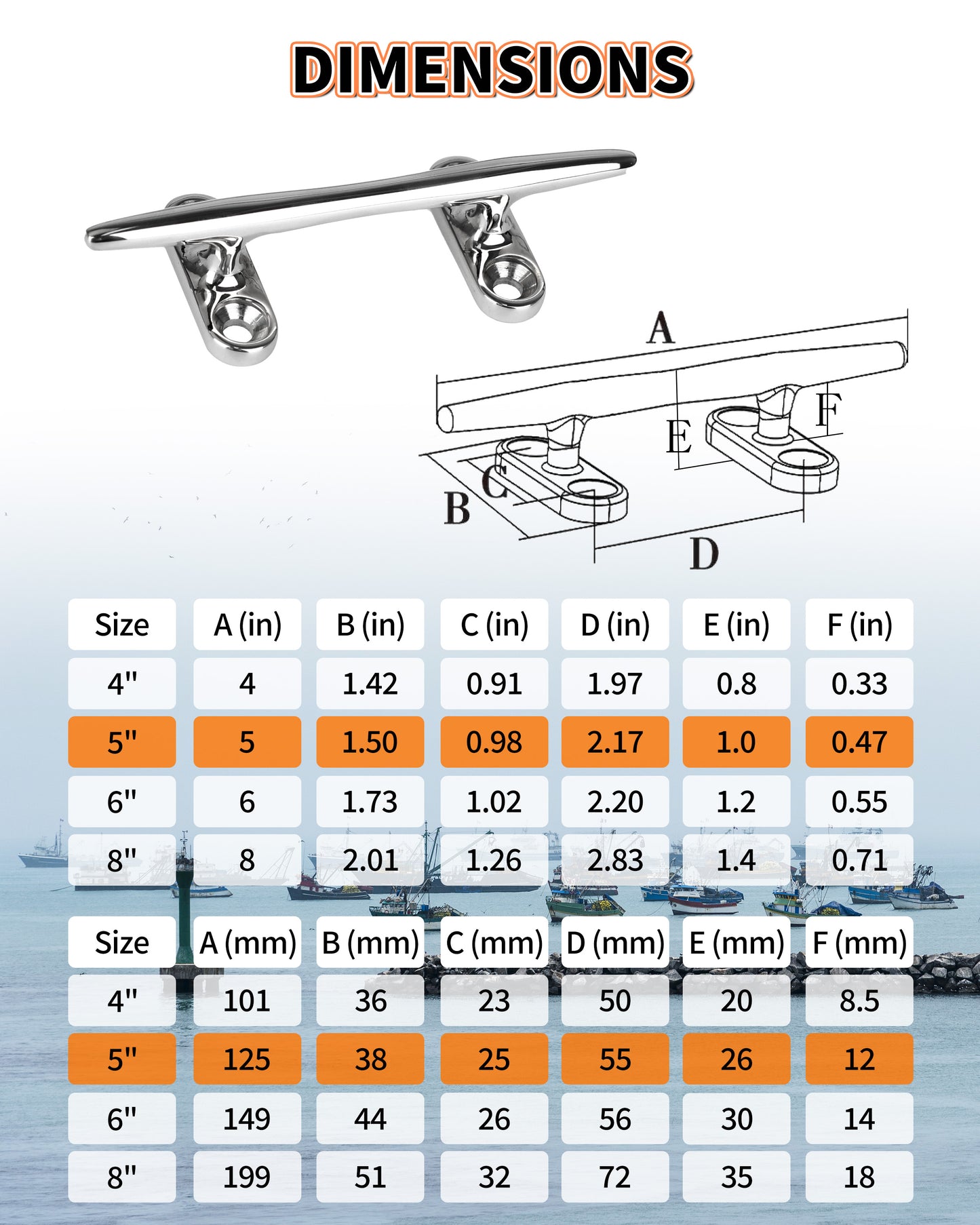 5" Boat Cleat, 316 Stainless Steel Open Base Dock Cleat, Marine Grade Rope Cleat with Fasteners for Deck Mooring and Nautical Decor, 2-Pack/4-Pack
