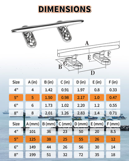 5" Boat Cleat, 316 Stainless Steel Open Base Dock Cleat, Marine Grade Rope Cleat with Fasteners for Deck Mooring and Nautical Decor, 2-Pack/4-Pack
