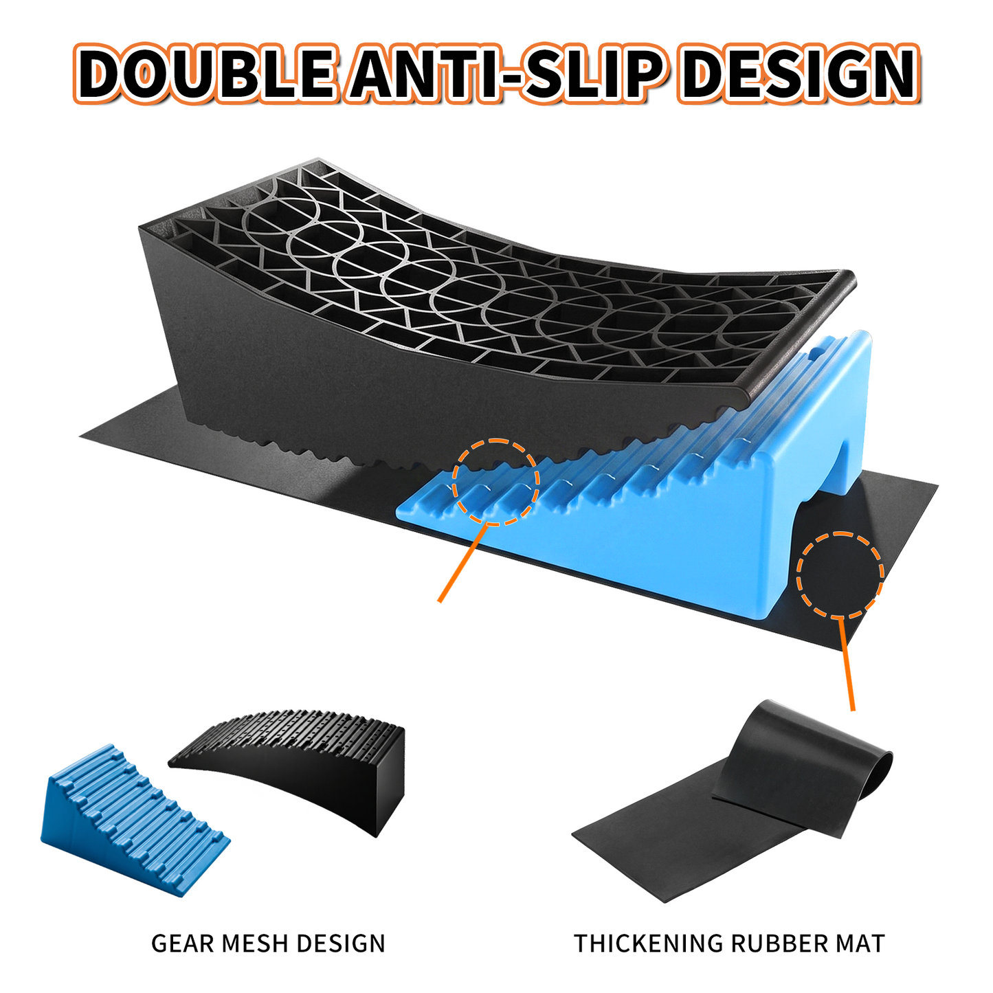 2 PK RV Leveling Block, Dual Axle Trailer Curved Leveler Ramp, Lift 1/2" to 4", 2 Curved Ramp, 2 Chock, 2 Rubber Mat, 1 T Bubble Level, 1 Carry Bag, Blue