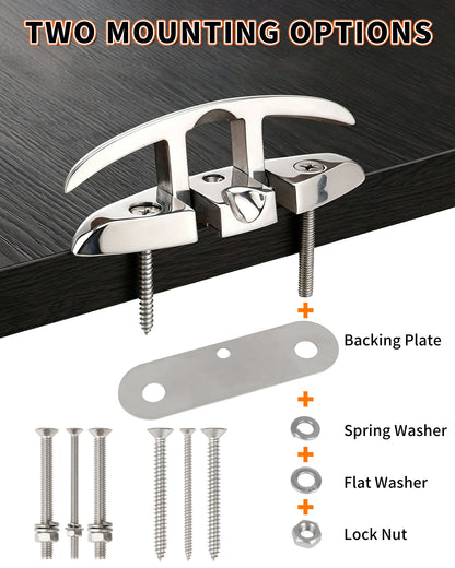 5" Flip Up Boat Cleat, 316 Stainless Steel Folding Dock Cleat with Fasteners, Marine Grade Rope Cleats for Kayak, Yacht & Pontoon, 2-Pack/4-Pack