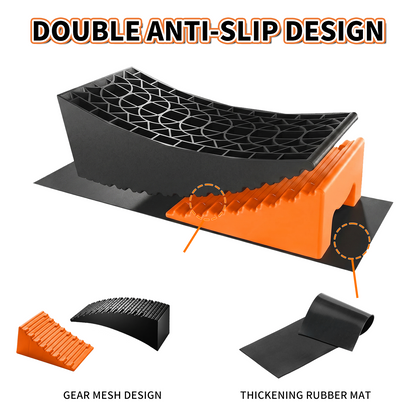 RV Leveling Block, Curved Leveler Kit, Dual Axle Trailer, Orange Lift 1/2" to 4", 2 Curved Ramp, 2 Chock, 2 Rubber Mat, 1 T Bubble Level, 1 Carry Bag, 2PK