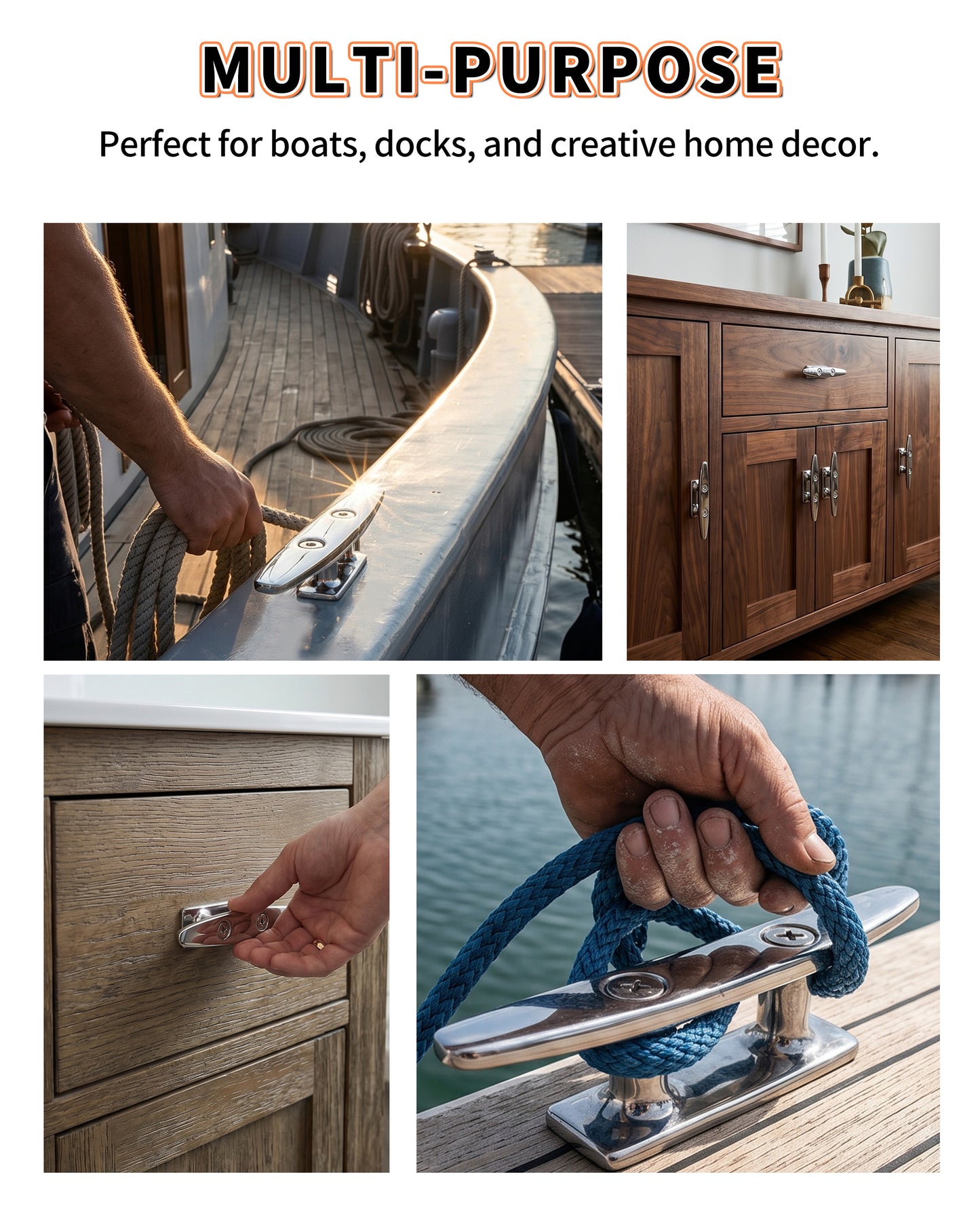 8" Boat Cleat, 316 Stainless Steel Dock Cleat with Screws, Marine Grade Rope Cleat for Deck Mooring or Nautical Decor, 2-Pack