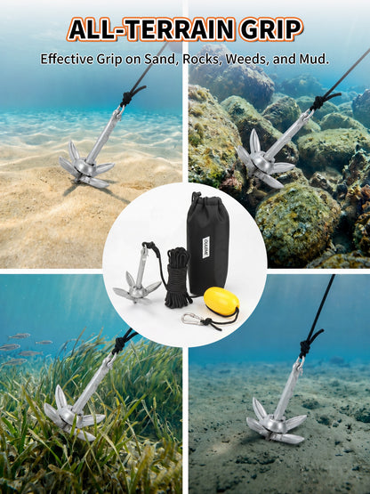 1.5/3.5 LB Folding Grapnel Anchor Kit with 40 FT Rope & Buoy, for Boat, Kayak, Canoe, Small Watercraft, SUP, PWC, Jet Ski, Inflatable Paddle Board