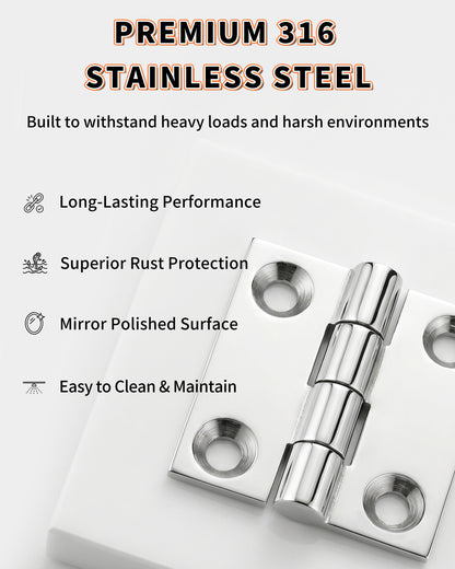 2" x 2" Boat Hinge, 316 Stainless Steel Marine Grade Hatch Hinge with Mounting Screws, Heavy Duty Door Hinge for Yacht, RV, Deck and Home Use, 2-Pack/4-pack