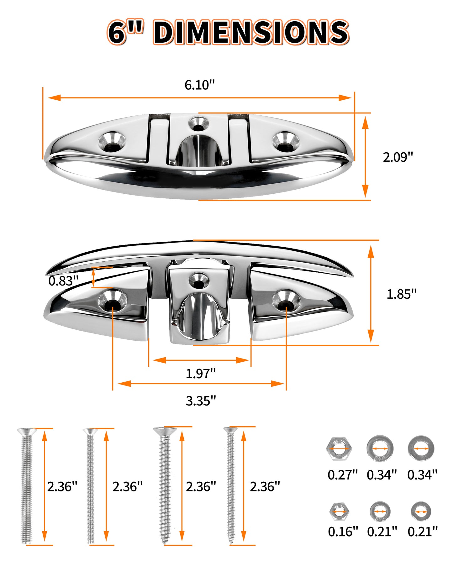 6" Flip Up Boat Cleat, 316 Stainless Steel Folding Dock Cleat with Fasteners, Marine Grade Rope Cleats for Kayak, Yacht & Pontoon, 2-Pack/4-Pack