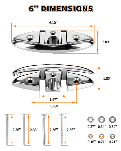 6" Flip Up Boat Cleat, 316 Stainless Steel Folding Dock Cleat with Fasteners, Marine Grade Rope Cleats for Kayak, Yacht & Pontoon, 2-Pack/4-Pack