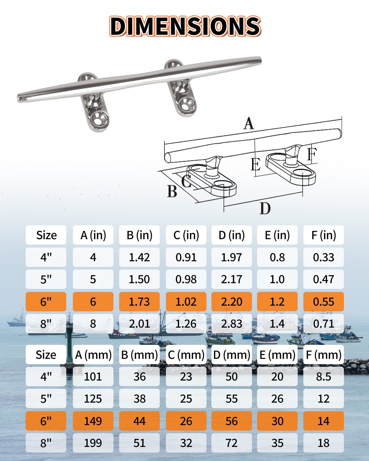 6" Boat Cleat, 316 Stainless Steel Open Base Dock Cleat, Marine Grade Rope Cleat with Fasteners for Deck Mooring and Nautical Decor, 2-Pack/4-Pack