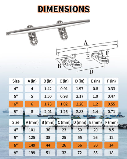 6" Boat Cleat, 316 Stainless Steel Open Base Dock Cleat, Marine Grade Rope Cleat with Fasteners for Deck Mooring and Nautical Decor, 2-Pack/4-Pack