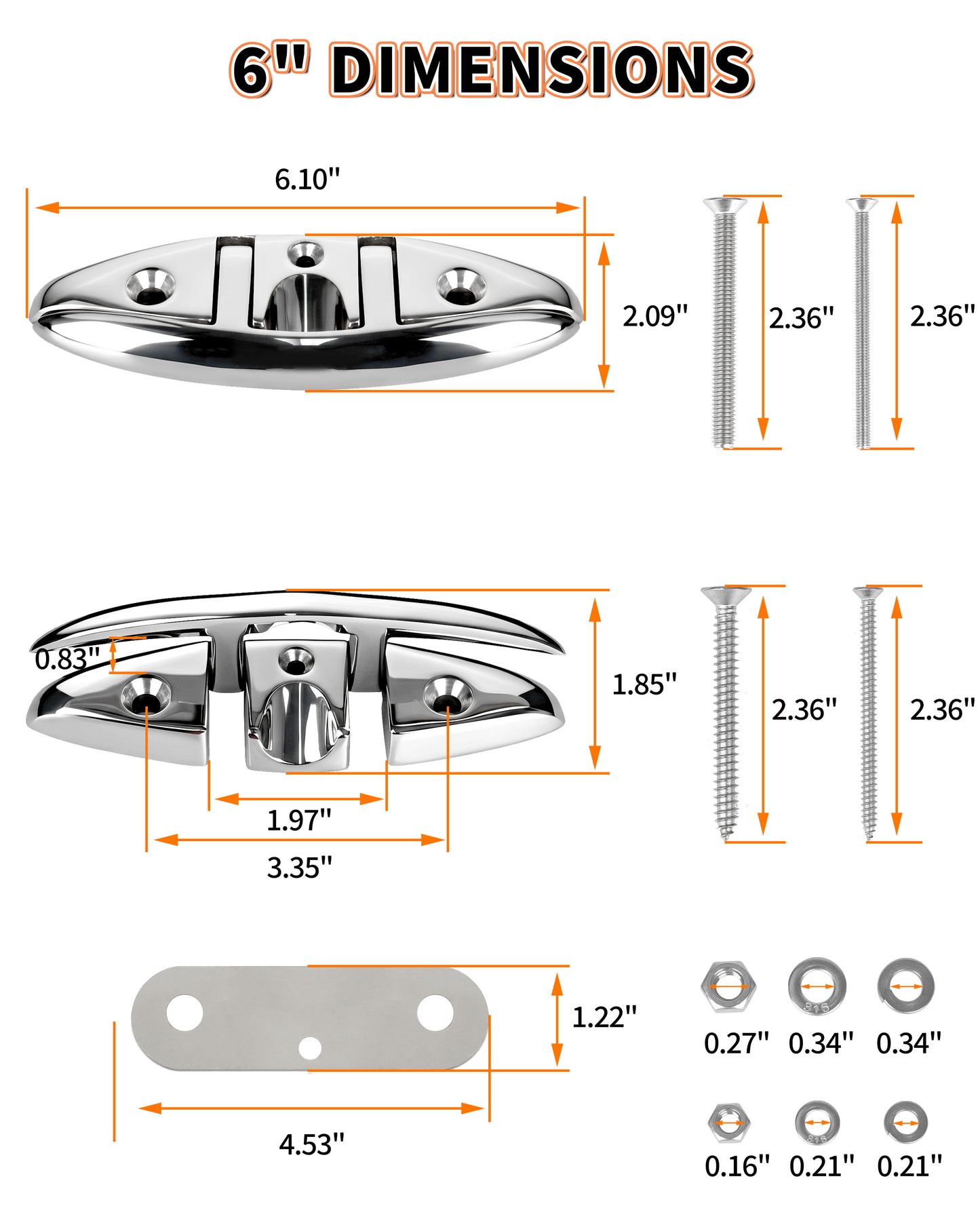 6" Flip Up Boat Cleat, 316 Stainless Steel Folding Dock Cleat with Fasteners, Marine Grade Rope Cleats for Kayak, Yacht & Pontoon, 2-Pack/4-Pack