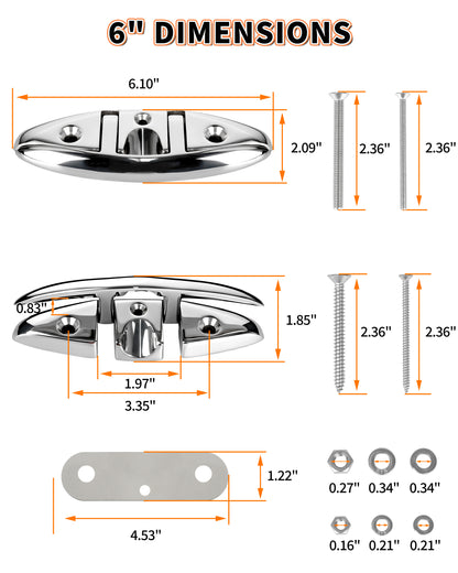 6" Flip Up Boat Cleat, 316 Stainless Steel Folding Dock Cleat with Fasteners, Marine Grade Rope Cleats for Kayak, Yacht & Pontoon, 2-Pack/4-Pack